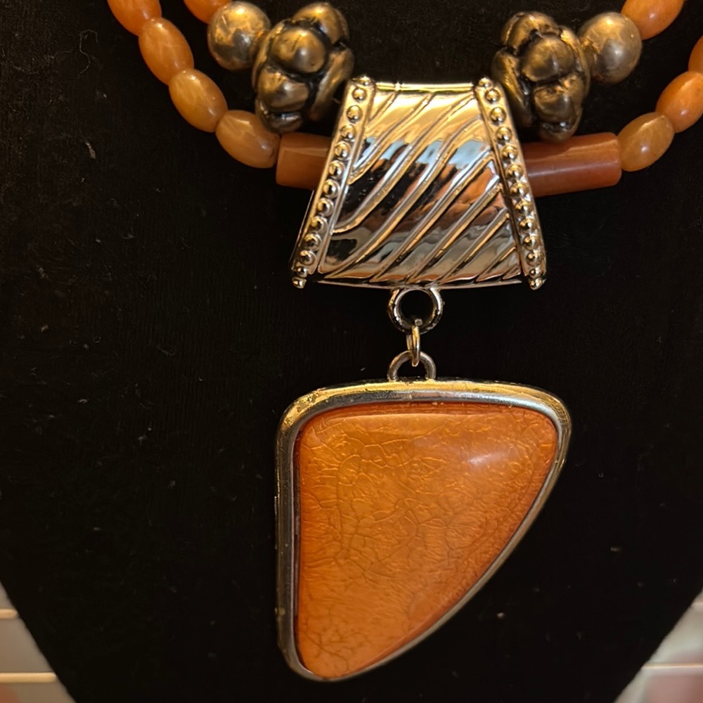 Chunky Orange and Silver Statement Necklace - Picture 2 of 4